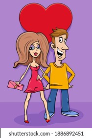 Valentines Day greeting card cartoon illustration with people couple characters in love