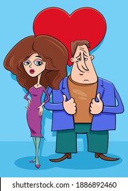 Valentines Day greeting card cartoon illustration with woman and man couple characters in love