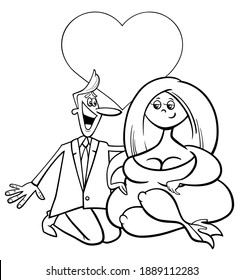 Valentines Day greeting card cartoon illustration with woman and man couple characters in love