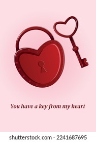 Valentine's day greeting card with cartoon red heart-shaped lock with keyhole and heart-shaped key. Love symbols for gifts, cards, posters. Vector illustration.