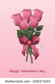 Valentine's day greeting card with cartoon bouquet of pink roses. Love symbols for gifts, cards, posters. Vector illustration.