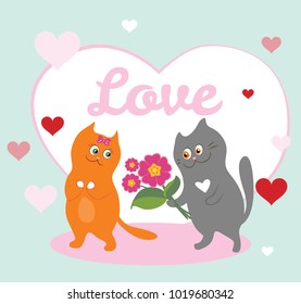 Valentines Day greeting card. Cat in love with bouquet of flowers. ?ouple of cats. Vector image.
