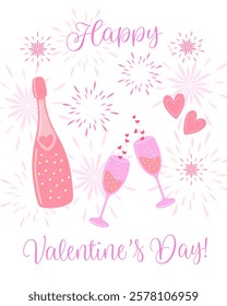 Valentine's Day greeting card with champagne glasses,  sparkling wine and fireworks, vector illustration, poster, banner, decoration.