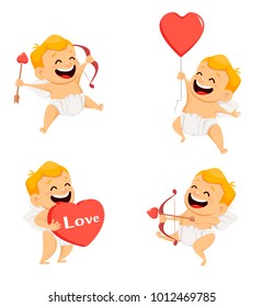 Valentines Day greeting card with cheerful cupid. Set of smiling cartoon character on white background. Vector illustration