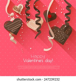 Valentine's Day greeting card with chocolate hearts and confetti - flat design style