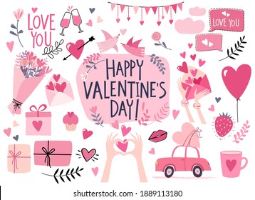 Valentine's Day greeting card with collection of design elements: hearts, romantic letters, presents, flowers, birds