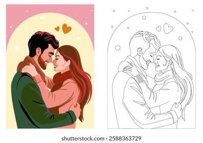 Valentine's day greeting card with coloring page. A couple in love hugs, smiles and about to kiss. Cute cartoon vector illustration of romantic relationships for coloring book. Line art design 
