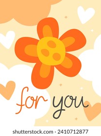 Valentine's Day greeting card. Compliment, cute little card. Orange flower on a light orange background. The inscription "For you." 