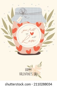 Valentines day greeting card concept template in flat design, with hand drawing illustrations and lettering