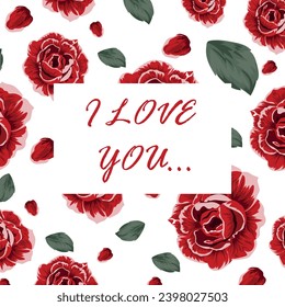 Valentine's day greeting card consisting of rose buds, rose petals, green leaves and text on a white background