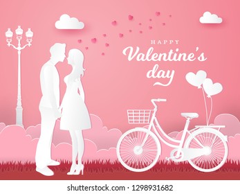 Valentine's Day greeting card. couple in love holding hands and looking each other with bicycle on pink background. paper cut style vector illustration