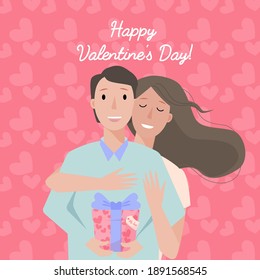 
Valentine's day greeting card. Couple in love, cute background. Girl hugs a guy with a gift
