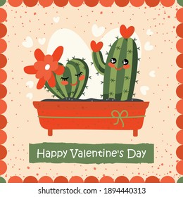 Valentine's Day greeting card with a couple of cacti in love. Vector.