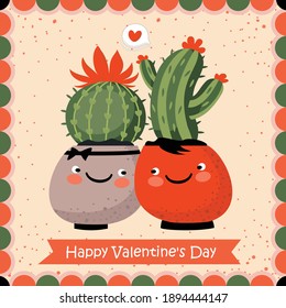 Valentine's Day greeting card with a couple of loving cactus pots. Vector.