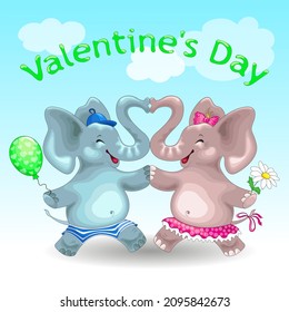 Valentine's day greeting card with couple of happy cartoon elephants on sky background