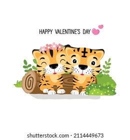Valentines day greeting card with couple tiger cartoon.