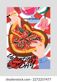 Tarjeta de saludo de San Valentín. Pareja enamorada en cita romántica. Hombre y mujer comen pizza en forma de corazón. Diseño de afiches del 14 de febrero. Dibujo vectorial plano de dibujos animados aislado en fondo gris