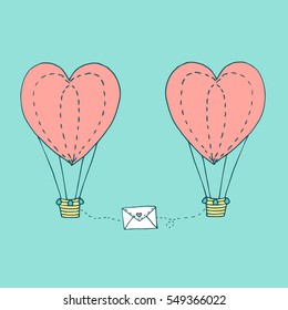 Valentines day greeting card with couple flying in the sky heart shaped balloons and love letter. Vector hand drawn illustration in minimalistic style, made with ink outlines