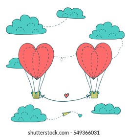 Valentines day greeting card with couple flying in the sky heart shaped balloons. Vector hand drawn illustration in minimalistic style, made with ink outlines