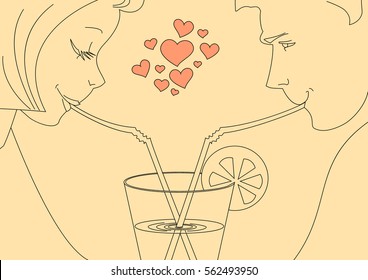 Valentine`s Day greeting card. Couple in love sharing the cocktail. Vector sketch.