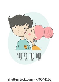 Valentines day greeting card with couple in love in modern flat line art style