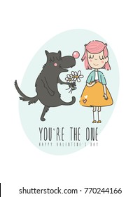Valentines day greeting card with couple in love in modern flat line art style