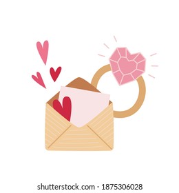 Valentine's day greeting card with craft envelope and golden ring with pink heart diamond. Valentine's day vector illustration.
