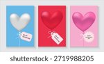Valentines Day greeting card Creative concept. Trendy minimalist design with pink sky and 3d red and pink balloon hearts frame. Cute love sale banner greeting card. Valentine