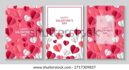 Valentines Day greeting card Creative concept. Trendy minimalist design with pink sky and 3d red and pink paper hearts frame. Cute love sale banner or greeting card. Valentine's day, vertical banners 