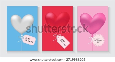 Valentines Day greeting card Creative concept. Trendy minimalist design with pink sky and 3d red and pink balloon hearts frame. Cute love sale banner greeting card. Valentine's day, vertical banners.