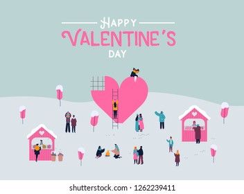 Valentine's Day greeting card. Crowd of people in love with valentines gifts, diverse couples and romantic activities on winter landscape. Flat cartoon style illustration.