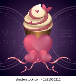 Valentines day greeting card with a cupcake and heart balloons - Vector
