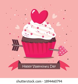 Valentine's Day greeting card with cupcake and cupid's arrow. Vector.