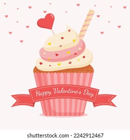 valentine's day greeting card with cupcake and sweet decoration.