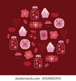 Valentine's Day greeting card with cupcakes, flowers, lips, hearts, gifts, strawberries on dark red background. Circle ornament. Perfect for seasonal holidays and decorations. Vector illustration