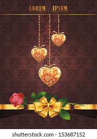 Valentines day greeting card with cut out heart, golden bow and ribbon on damask background