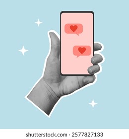 Valentine's day greeting card with cut out hand holding smartphone with love messages. Template for birthday card, invitation, social media, flyer, banner, poster. Vector illustration