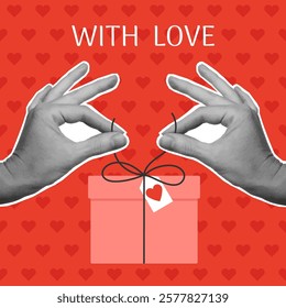 Valentine's day greeting card with cut out hands making a bow on gift box. Template for birthday card, invitation, social media, flyer, banner, poster. Vector illustration