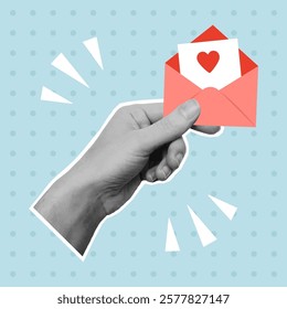 Valentine's day greeting card with cut out hand holding love letter. Template for birthday card, invitation, social media, flyer, banner, poster. Vector illustration