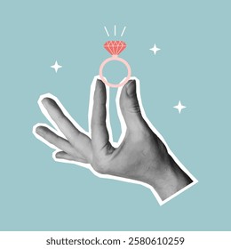 Valentine's day greeting card with cut out hand holding a ring with gem. Template for birthday card, invitation, social media, flyer, banner, poster. Vector illustration