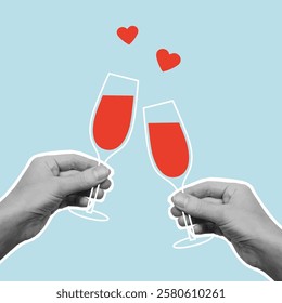 Valentine's day greeting card with cut out hands holding red wine glasses. Template for birthday card, invitation, social media, flyer, banner, poster. Vector illustration