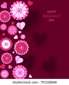 Valentine's Day greeting card with cut heart paper and sakura flowers. Vector illustration