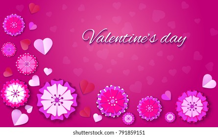 Valentine's Day greeting card with cut heart paper and sakura flowers. Vector illustration