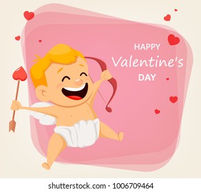 Valentines Day greeting card with cute cupid holding bow and arrow. Cheerful cartoon character and lettering. Vector illustration on abstract background.