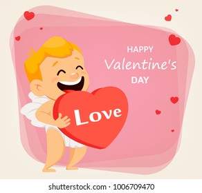 Valentines Day greeting card with cute cupid holding big red heart. Smiling cartoon character and lettering. Vector illustration on abstract background.