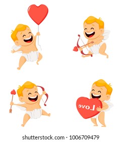 Valentines Day greeting card with cute cupid. Set of smiling cartoon character on white background. Vector illustration