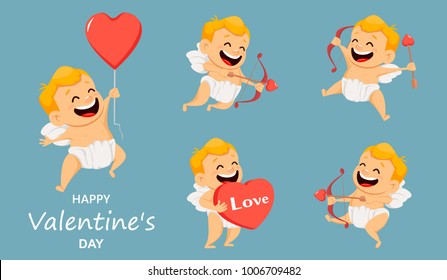 Valentines Day greeting card with cute cupid. Set of smiling cartoon character. Vector illustration