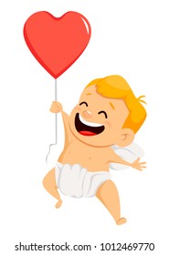 Valentines Day greeting card with cute cupid holding air balloon in shape of heart. Smiling cartoon character on white background and hand written lettering. Vector illustration