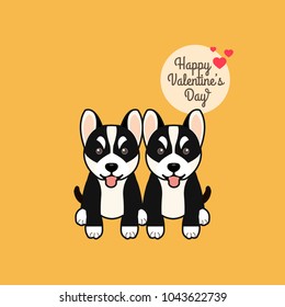 Valentines day greeting card. Cute sitting Siberian Husky  dogs with tongue outside vector illustration.