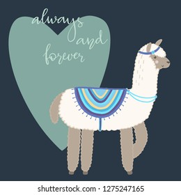 Valentine's day greeting card. Cute llama with hand drawn elements. Always and forever.